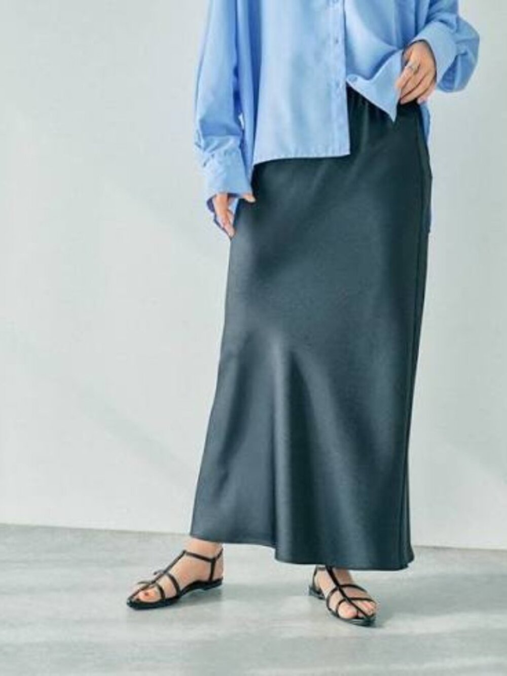 LEPSIM Women's Black Stretch Satin Maxi Skirt Elastic Waist OS